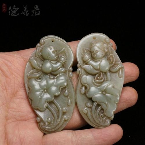 清代古玩杂项古董金童玉女纹饰玉佩挂件一对古玉器老和田玉吊坠