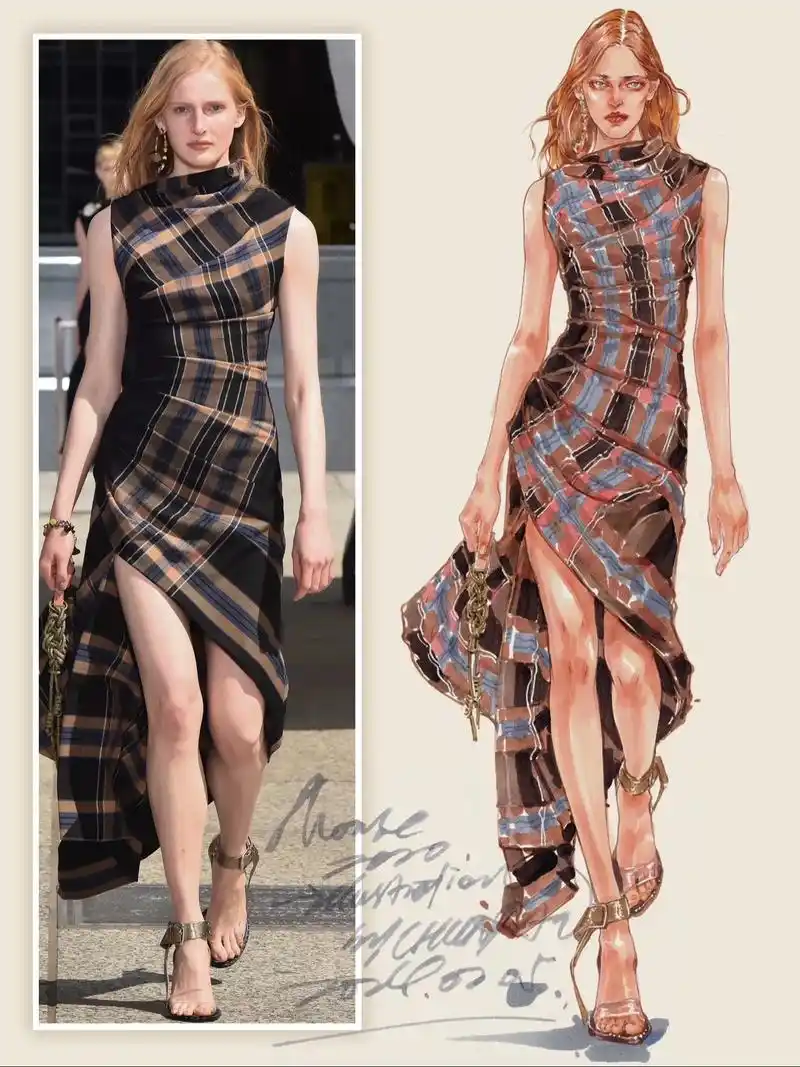 服装效果图手绘示范-格纹面料 服装效果图上色案例示范 参考秀 - 抖音