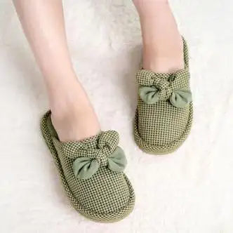 zrty棉麻拖鞋蝴蝶结冬季可爱棉拖鞋女牛筋底居家室内保暖月子拖鞋加厚