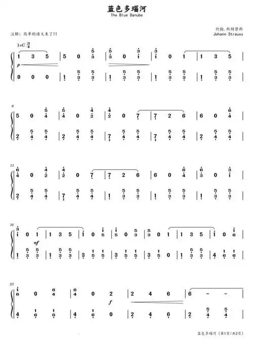 蓝色多瑙河,钢琴谱简单版,简谱,小约翰·施特劳斯,曲谱分享