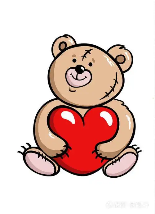 有趣的卡通泰迪熊抱着一个红色的心在它的爪子卡矢量插图