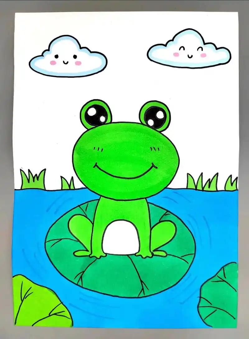 教你用简单的线条和图形画可爱的小青蛙90,简单易学#青蛙简笔 - 抖