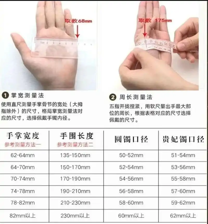 怎样量戴多大圈口手镯 99量掌宽,然后看对照表,通常3个圈口都能戴的
