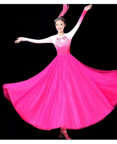 新款开场舞大摆裙演出服女大气歌伴舞合唱服长裙现舞蹈表演服装玫红色