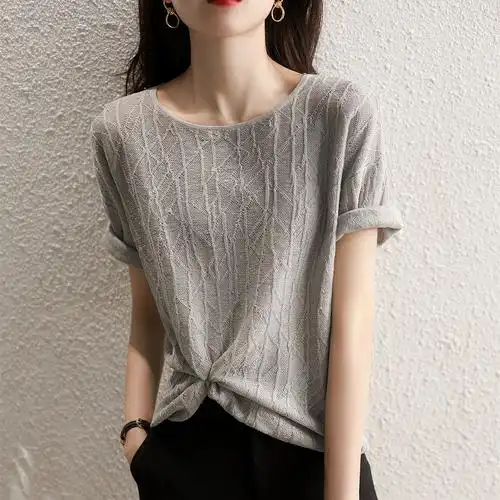 时尚夏装短袖上衣女 文艺清新斯文 篙搭配性 亚麻提花轻盈针织t