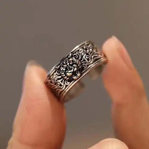 国潮宽面扳指复古纯银虎头戒指 男活口指环嘻哈霸气潮女泰银指环