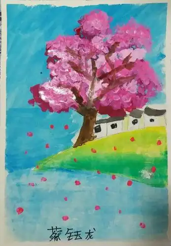 作品名称:《樱花树》 很惬意的风景画,蓝蓝的天空,清澈的河水,随风飘