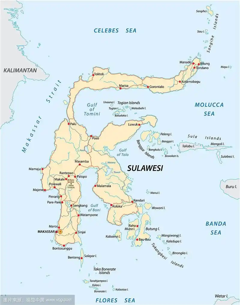 印尼苏拉威西岛的路线图