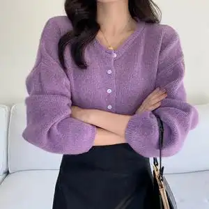 韩系绛紫色软糯马海毛毛衣短外套秋冬慵懒针织开衫糖果色上衣女厚