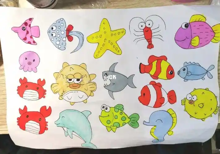 简笔画海洋水里动物鱼螃蟹附上色图