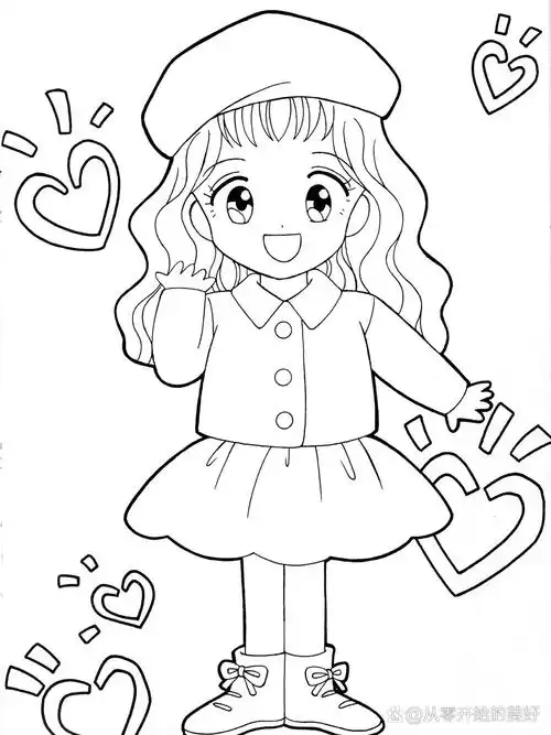 小女孩黑白涂色简笔画