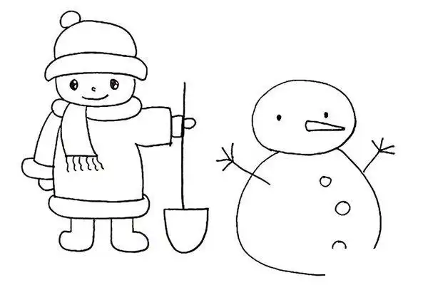 堆雪人的小男孩简笔画画法彩色