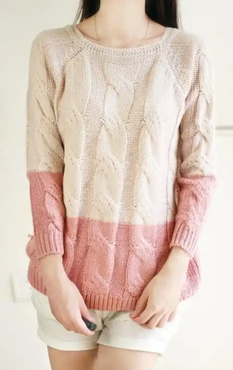 【娇家】2013新款秋装女装甜美马海毛麻花编织拼色圆领套头毛衣