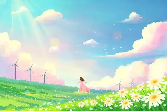 夏天插画手绘夏日风景背景唯美天空插画云层云朵草地立夏夏至卡通夏天