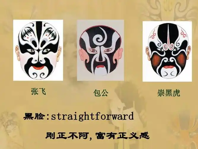 张飞 包公 崇黑虎 黑脸:straightforward 刚正不阿,富有正义感
