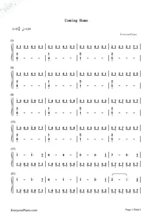 coming home-《勇者大冒险》第二季ost双手简谱预览1