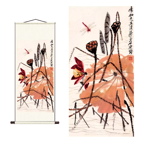 新品1:1齐白石 蜻蜓荷花 国画装饰画高清艺术微喷复制水墨画挂画
