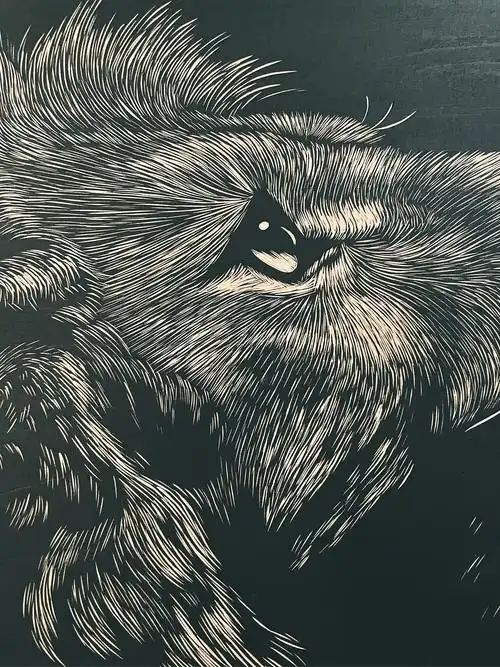 手工雕刻黑白木刻版画狮子