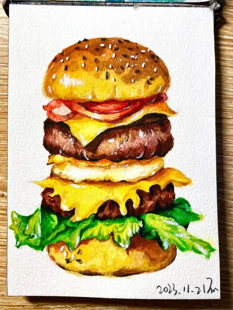 92汉堡,去吃汉堡.#水彩美食画 #画画 #水彩 #手绘 # - 抖音