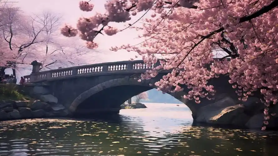 盛开的樱花树樱花飘落与与阳光下的中式古风石桥浪漫风景唯美壁纸
