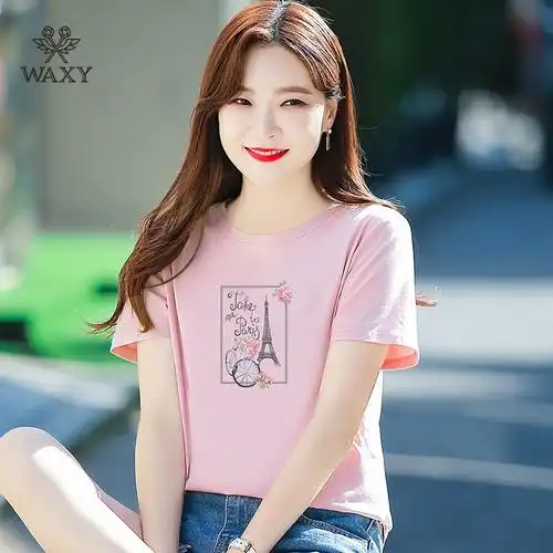 waxy纯棉运动短袖t恤吸湿排汗减龄圆领上衣宽松韩版休闲透气体恤