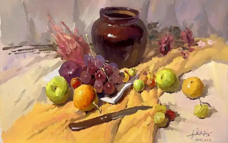 【水粉静物组合】-罐子和水果