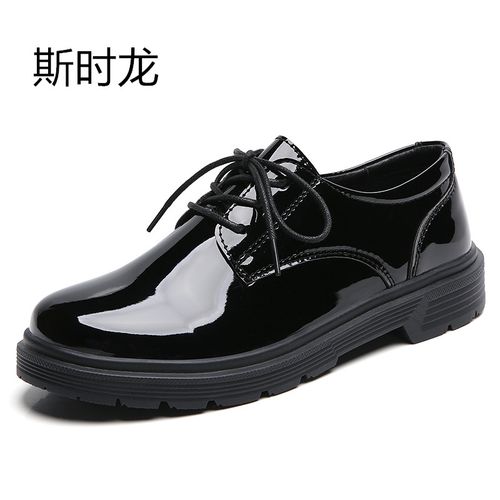 秋天高中初中中学生亮面漆皮校服皮鞋时尚黑色浅口单鞋