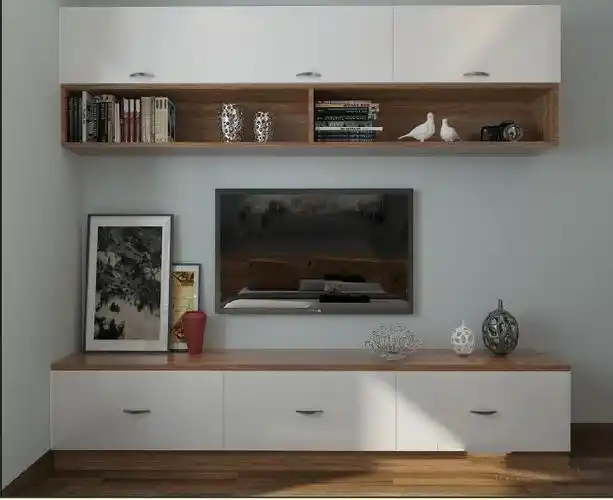 常德富星花园10平米小户型客厅白色墙壁书架储物柜电视墙效果图