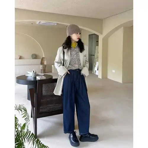 dr日系穿搭博主复古萝卜裤九分高腰后松紧牛仔裤女秋季宽松