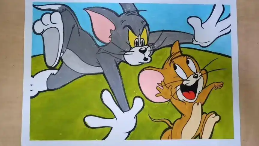 一分钟带你画超简单的猫和老鼠卡通画!#水粉画  #卡通