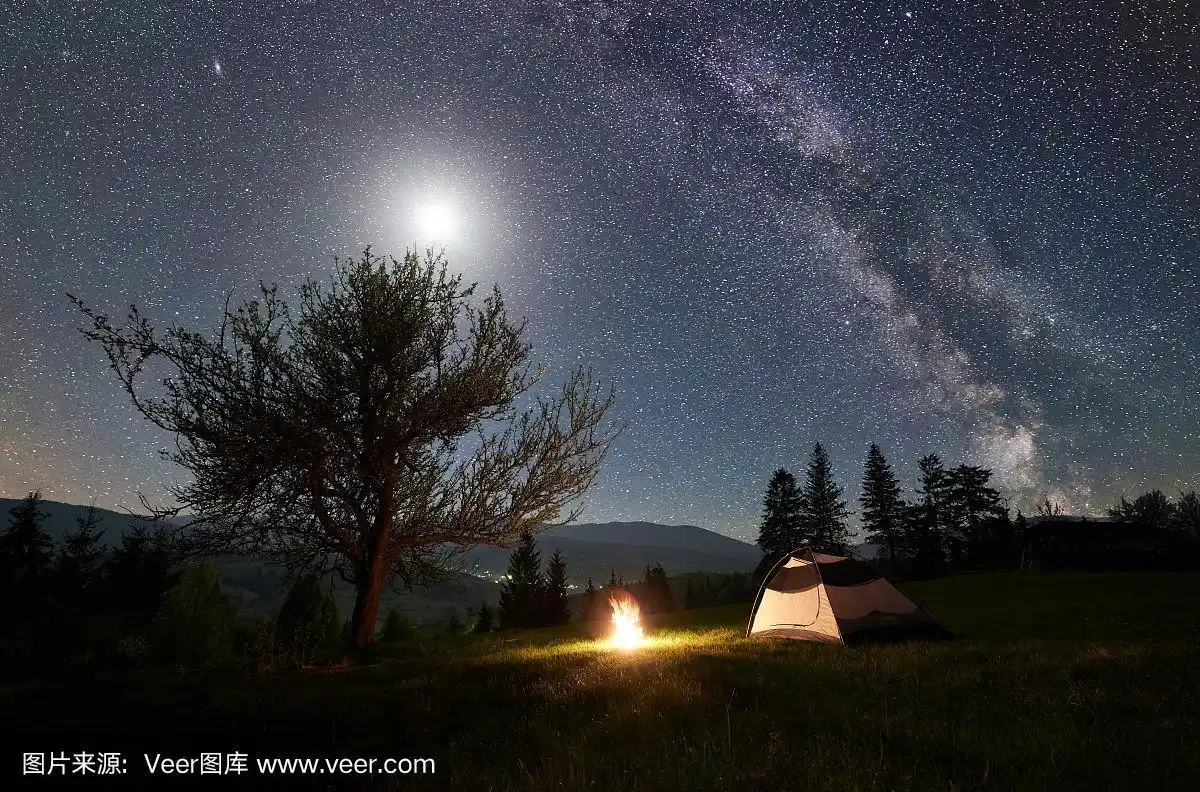 晚上在山上露营.游客帐篷篝火附近的森林在蓝色星空下,银河
