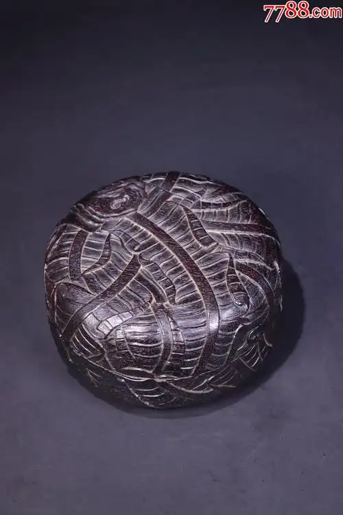 老紫檀木整木雕芭蕉叶纹圆形文房盒waa21s13f