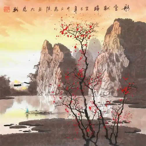 广西艺院 张泉踪《斗方2件》彩墨漓江山水画创始人 独家授权22