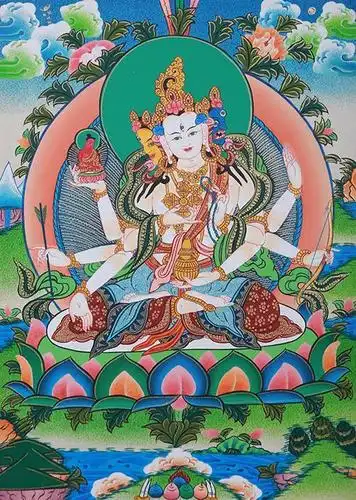 尊胜佛母:乃长寿三尊之一.主尊识别:三面八臂,面上各具三眼.