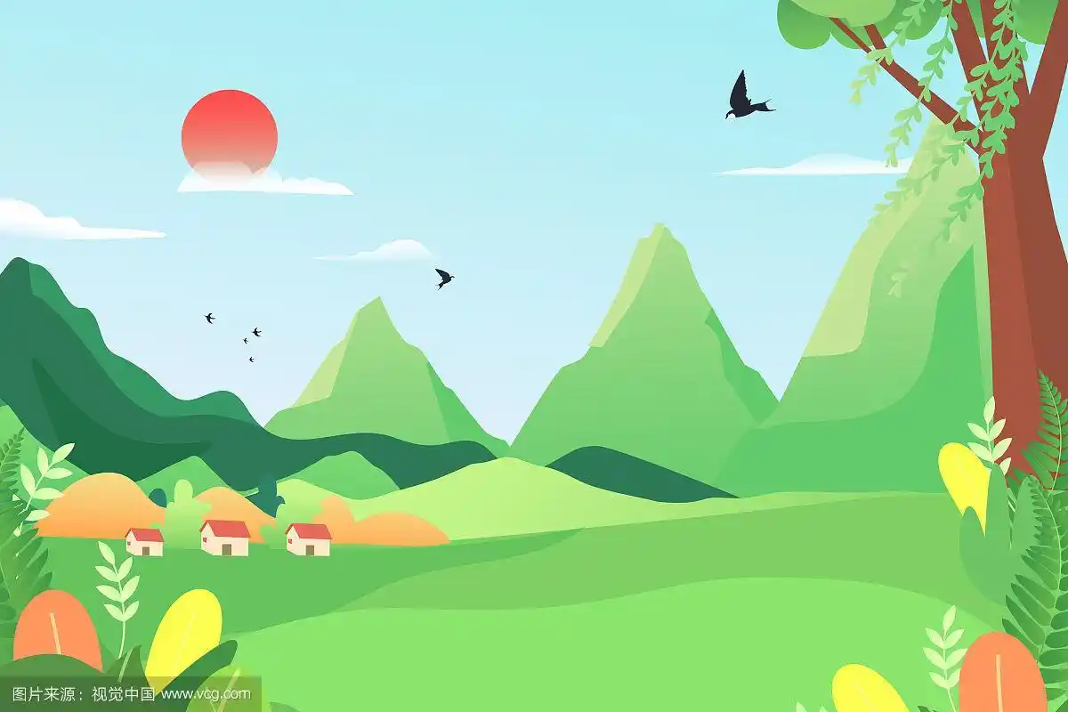 卡通春季踏青出游旅行遛狗风景矢量背景插画