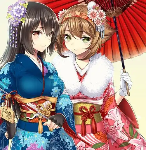 二次元和风美图好闺蜜系列身穿和服打扮华丽特别要好的姐妹花