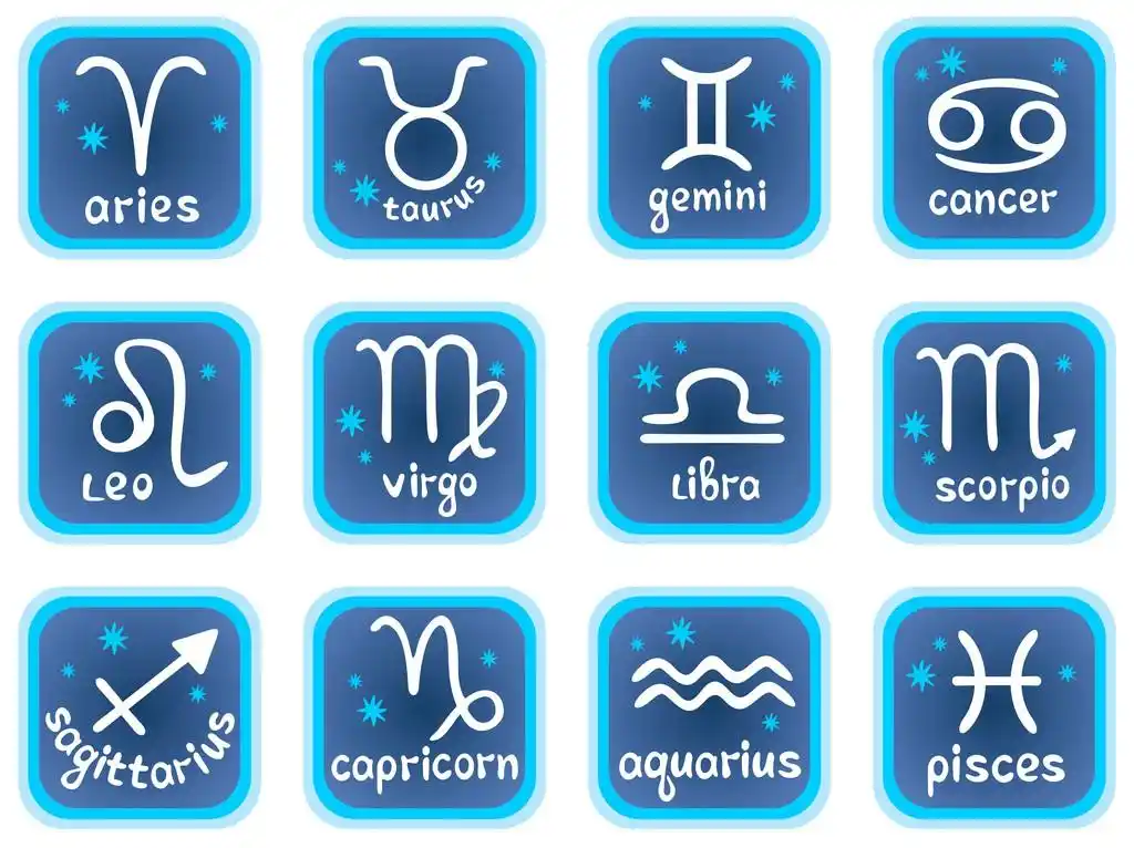 十二宫星座,蓝色背景上的白色的程式化的占星符号.黄道十二宫的星座.