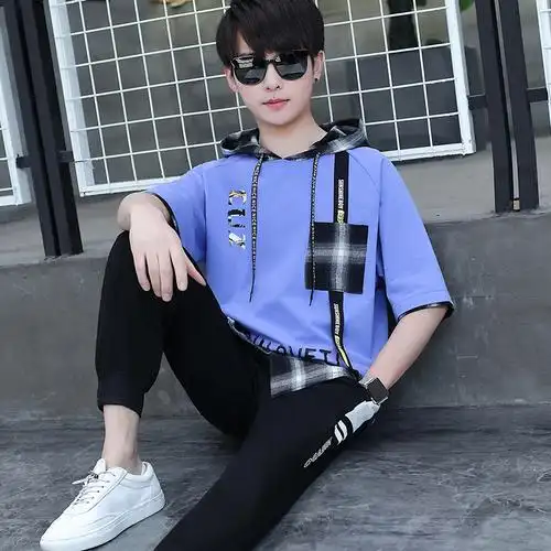 短袖纯棉青少年中学生初中1215岁男孩套装夏季衣服t恤