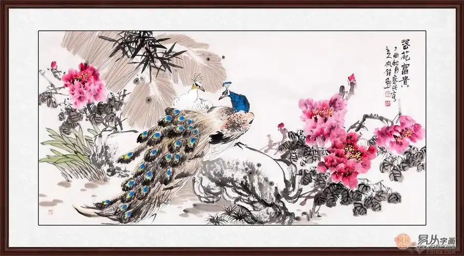 郭执铨新品佳作牡丹孔雀图《春苑富贵》(作品来源:易从网)