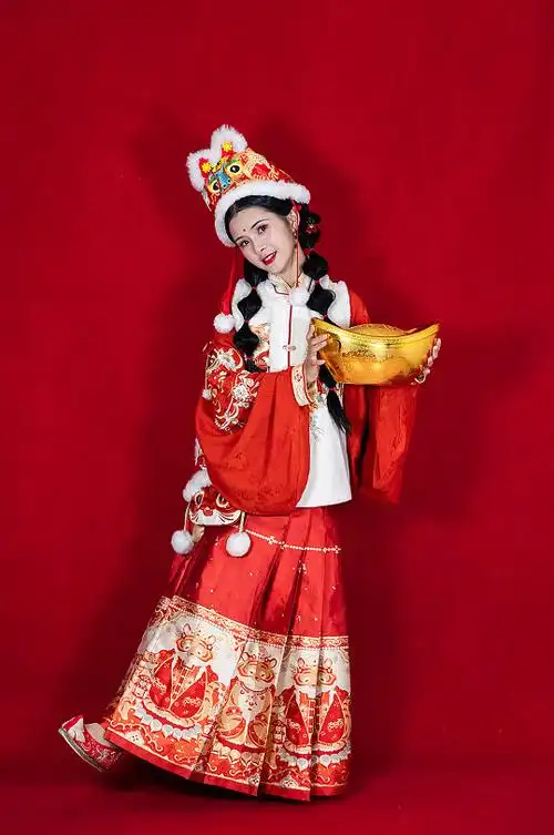 红色新年汉服女生金元宝贺新年人物摄影图片