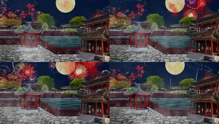 元宵佳节鞭炮古代大街街道戏曲粤剧背景河道