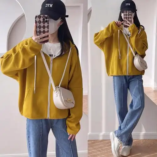 新款运动休闲小个子短款拉链卫衣开衫慵懒宽松蝙蝠袖连帽外套女春