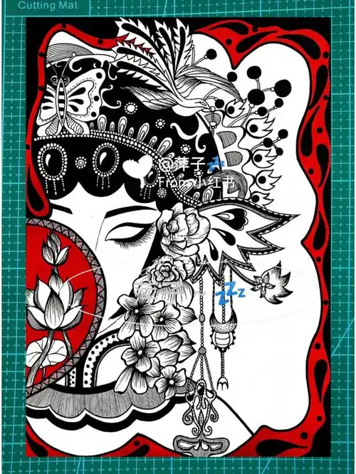 黑白线描装饰画京剧人物手绘