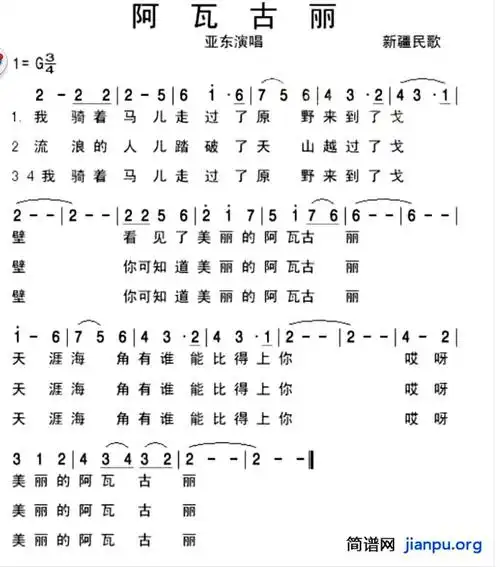 《阿瓦古丽》(降央卓玛演唱)_歌谱简谱_歌词简介_曲谱资料