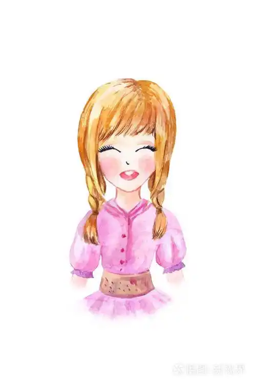 滑稽的卡通微笑的女孩在白色背景水彩illus