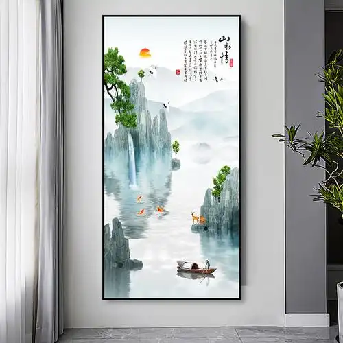 玄关装饰画入户走廊过道墙壁画竖版中国风复古客厅晶瓷浮雕挂画