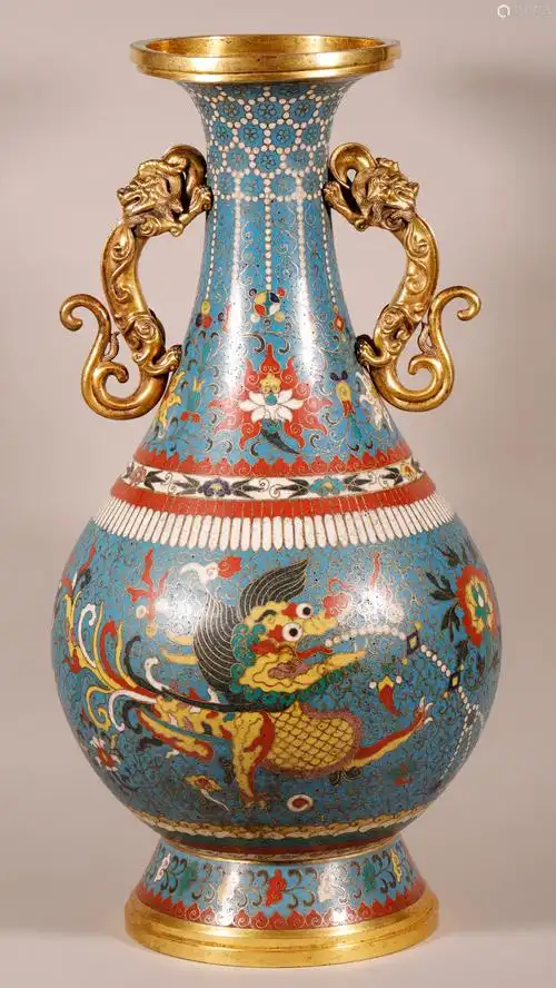 大明万历年制铜胎景泰蓝双龙耳赏瓶一对