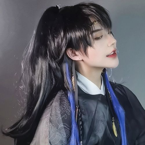 [大又又古风汉服cos万用日常帅气高层次渐变狼尾假发少年基佬黑蓝