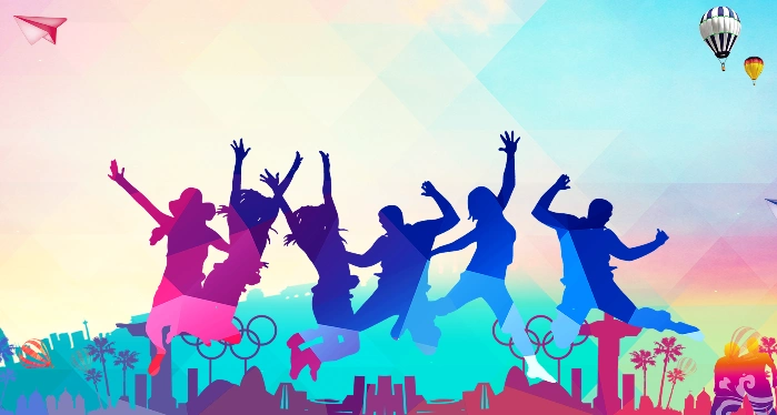 iefans 图文处理 图片素材 青春几何渐变热气球跳跃人物海报青春几何