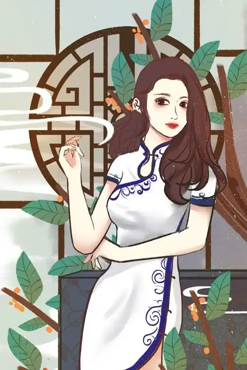 民国风青花瓷旗袍插画